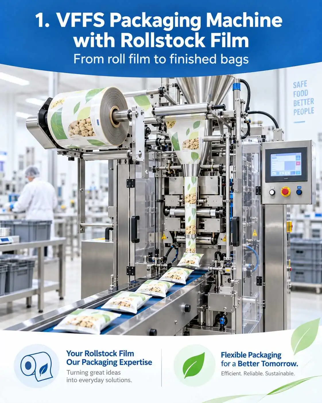 VFFS packaging machine running printed rollstock film into finished snack bags
