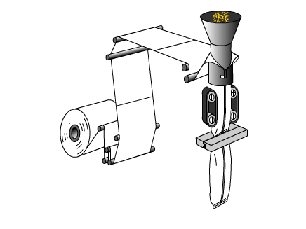 Animated VFFS process showing rollstock film unwinding, forming, filling and sealing into a bag