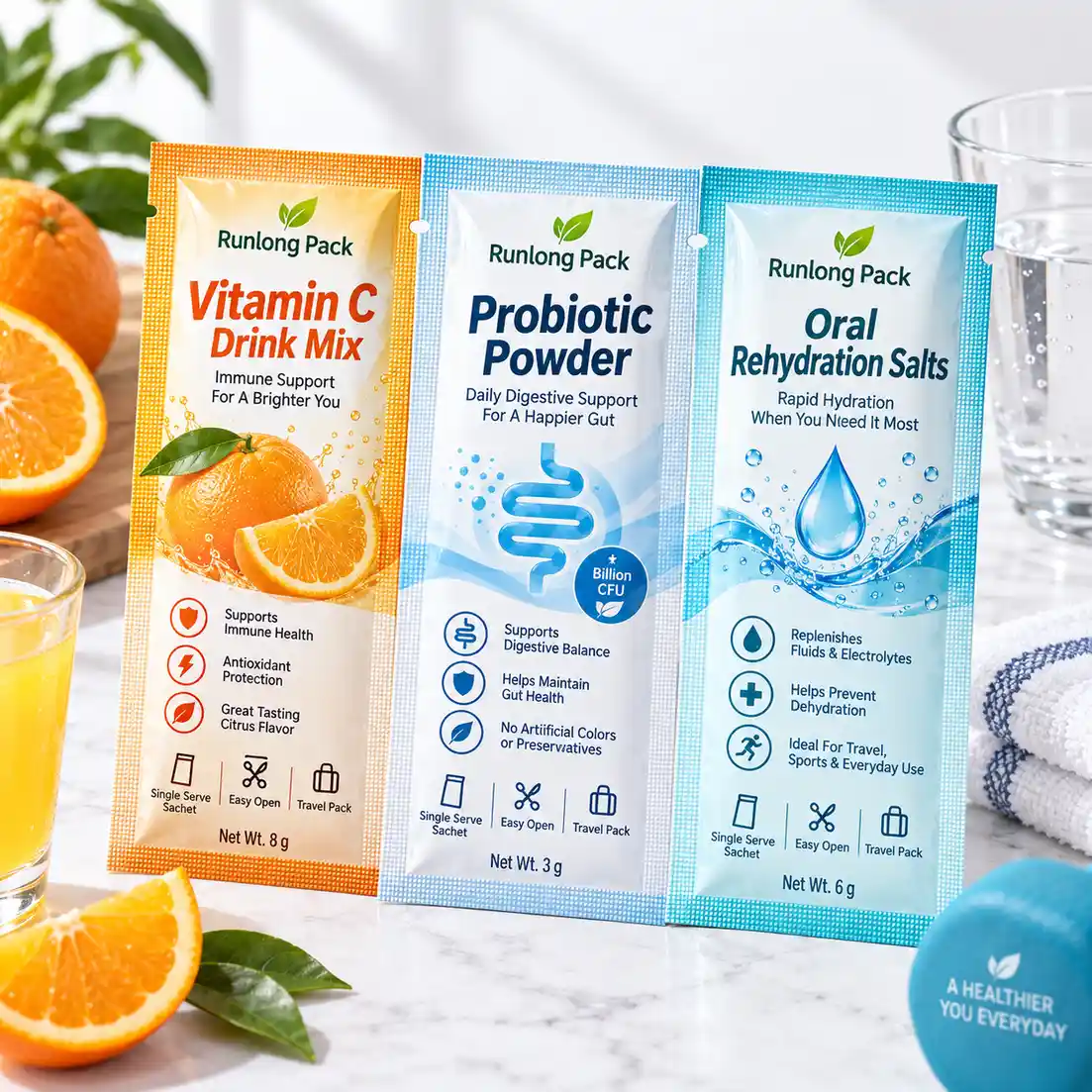 Sachets for vitamin C drink mix, probiotic powder and hydration salts