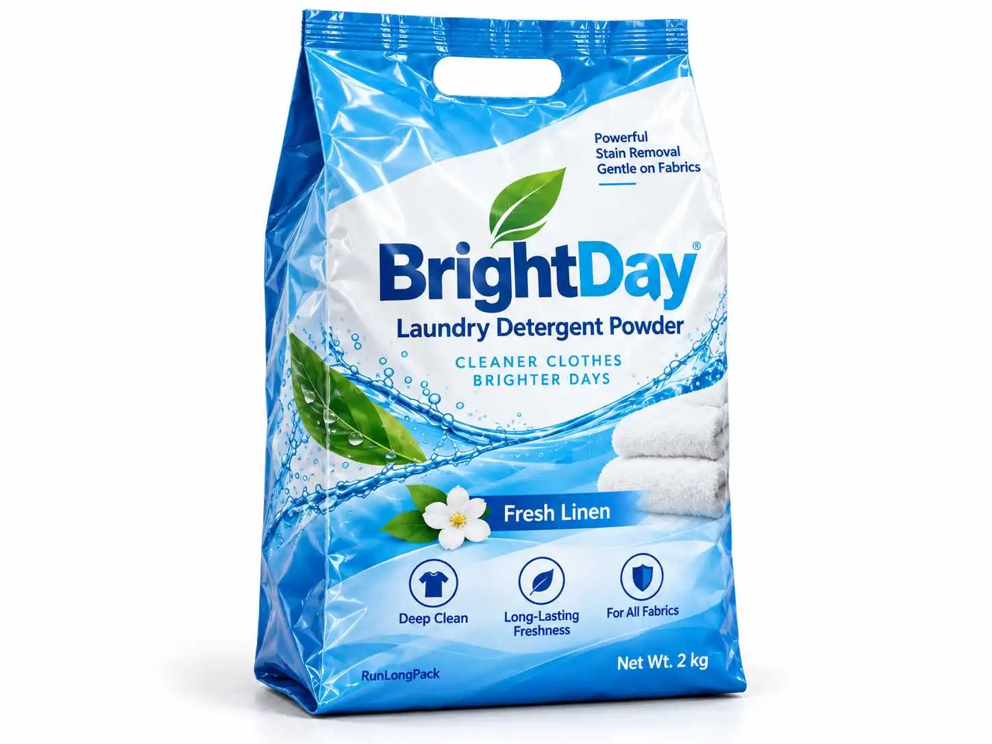 Blue and white larger washing powder bag concept with side gussets and an oval carry handle