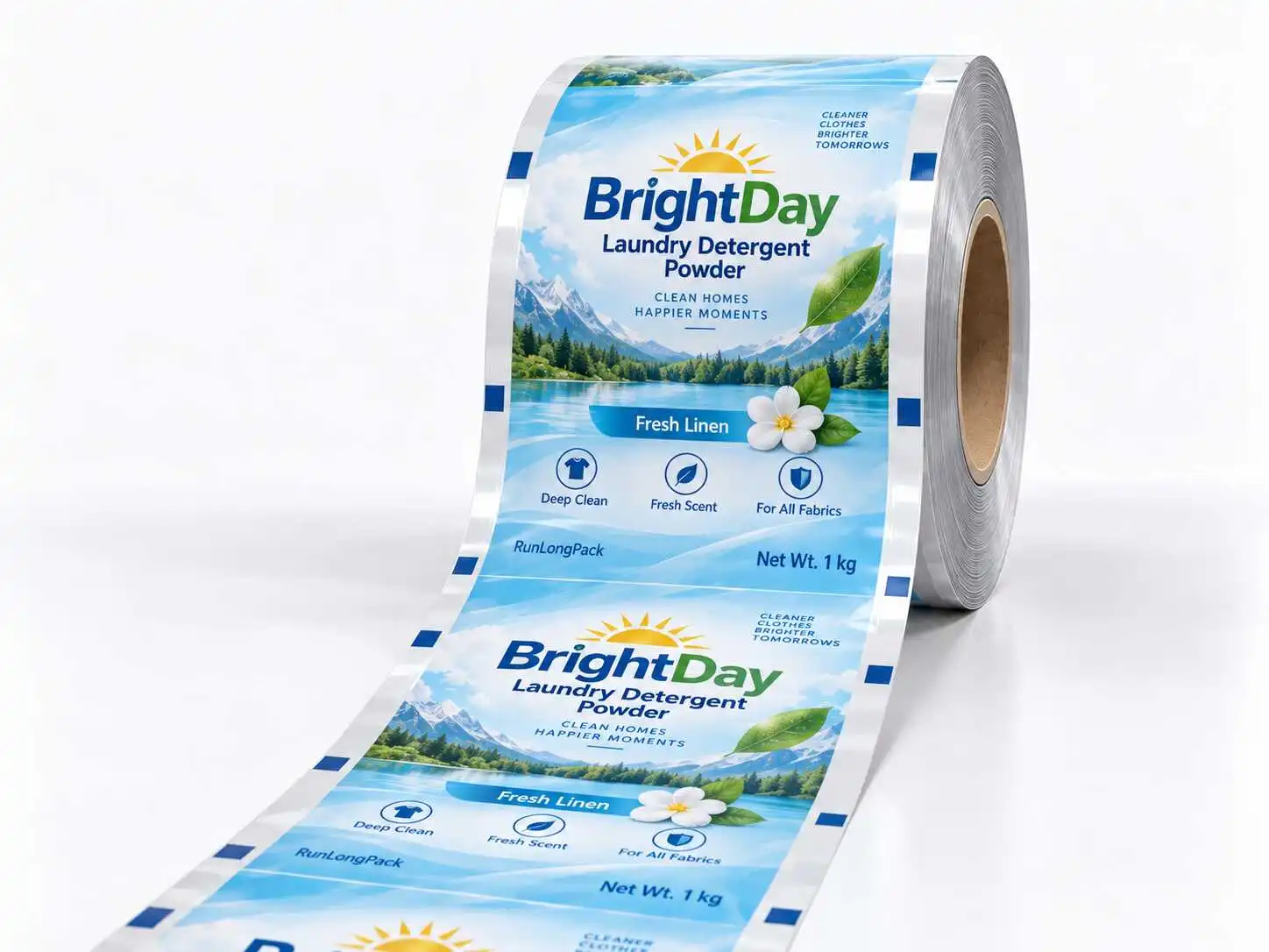 Blue and white washing powder printed film roll concept with repeating artwork and registration marks