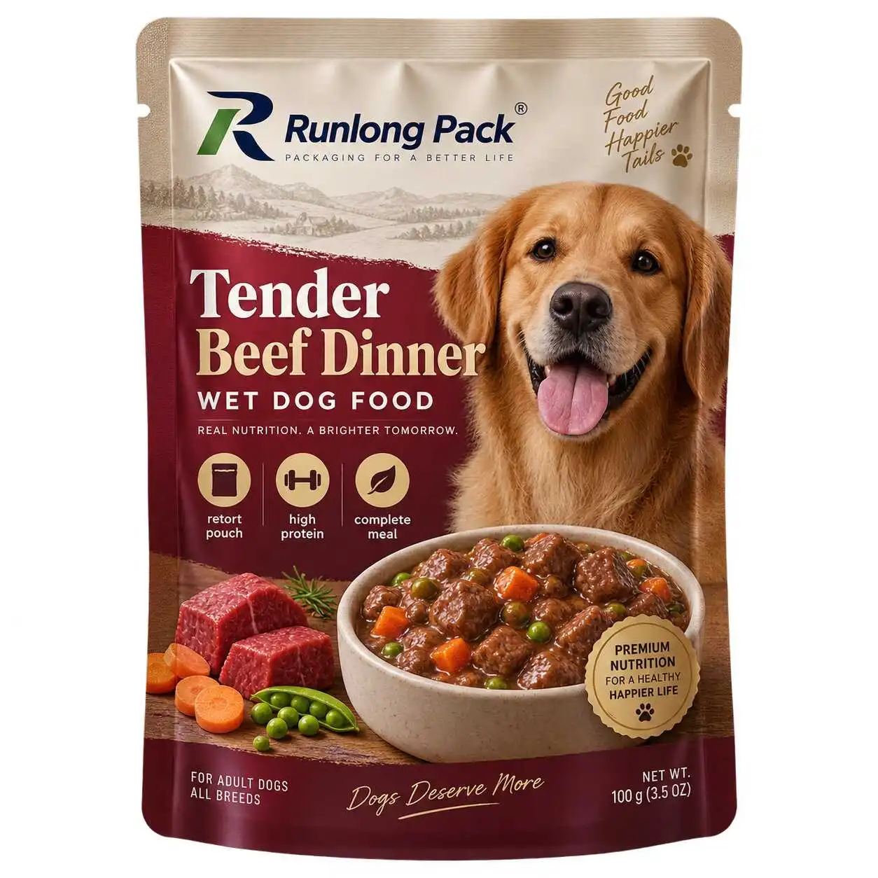 Custom printed retort pouch for wet dog food beef dinner packaging
