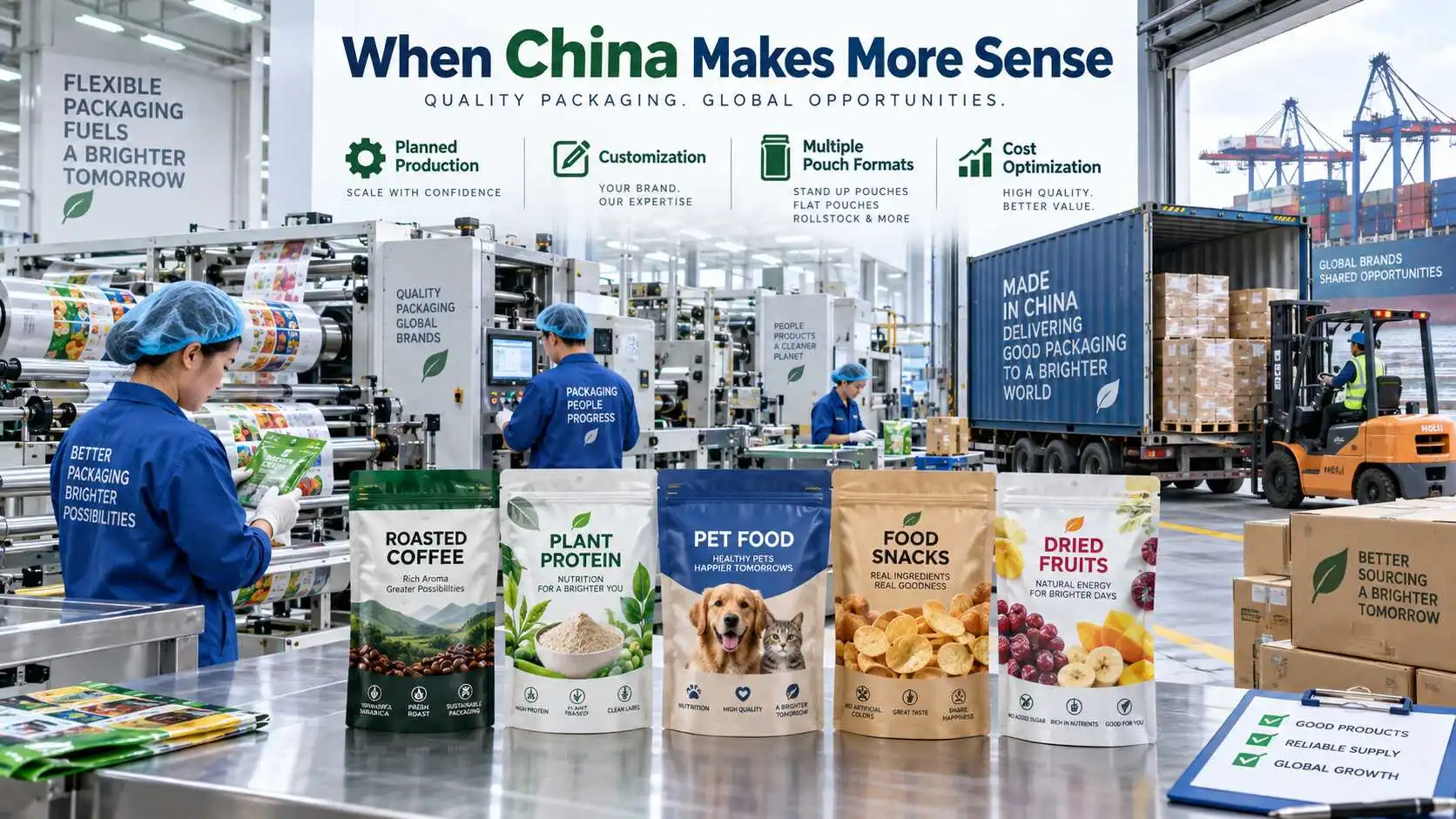 Flexible packaging production and finished pouch examples illustrating planned custom sourcing from China