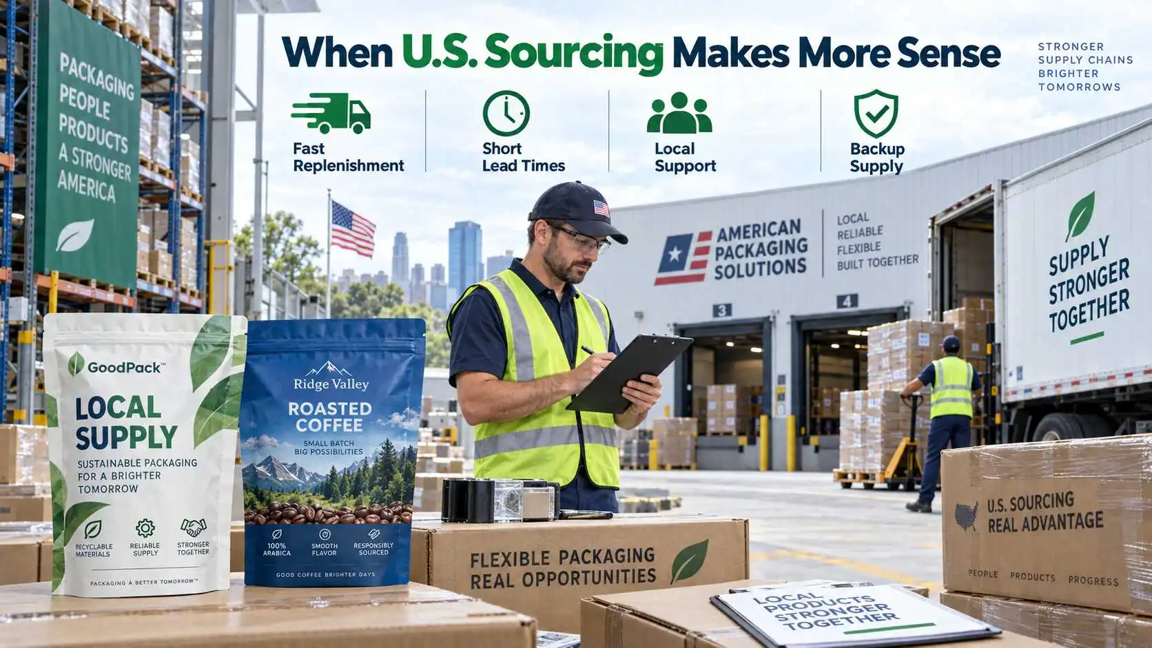 Illustrative U.S. warehouse and packaging supply scene for local replenishment and support planning