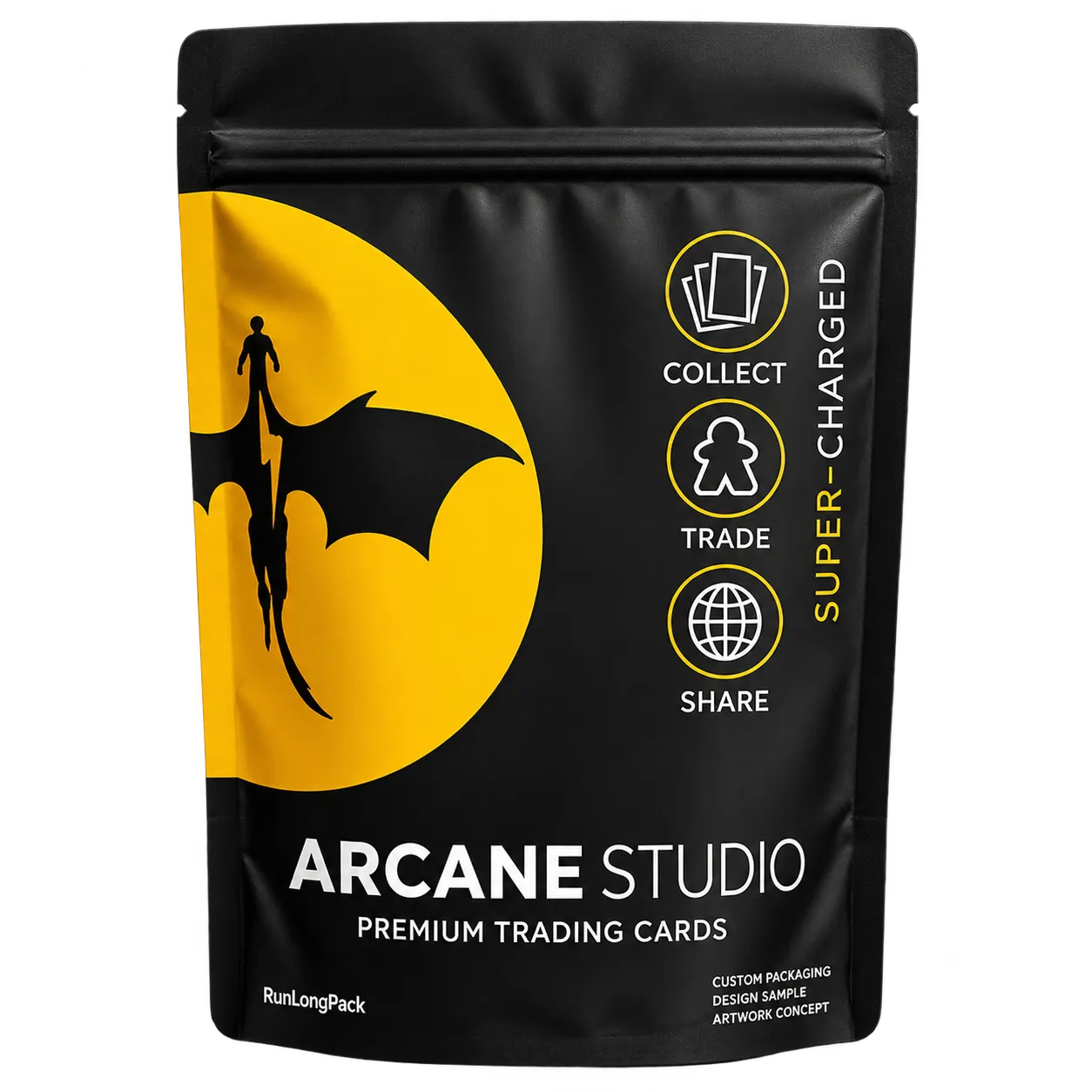 Black pouch concept with gold-colored graphic and clear white product lettering