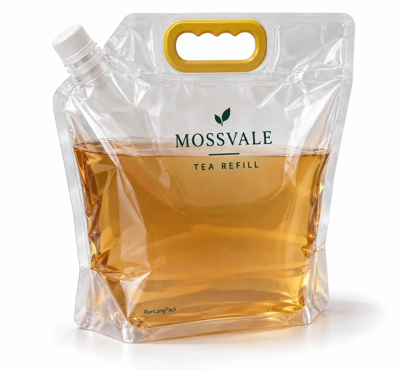 Transparent MOSSVALE tea refill pouch with amber liquid, yellow carry handle, white corner spout and expanded bottom gusset
