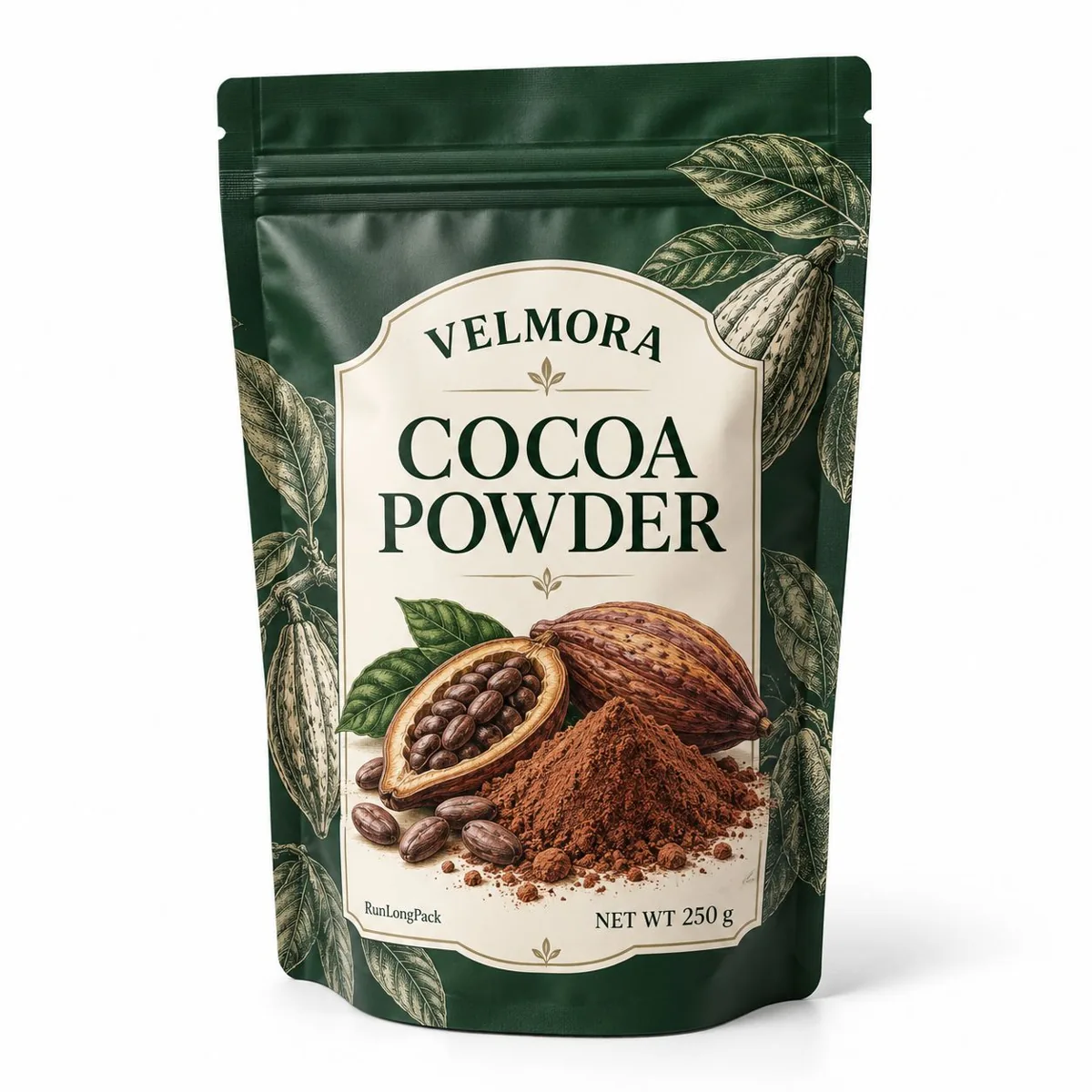 Green and cream VELMORA cocoa powder resealable pouch with cocoa bean artwork