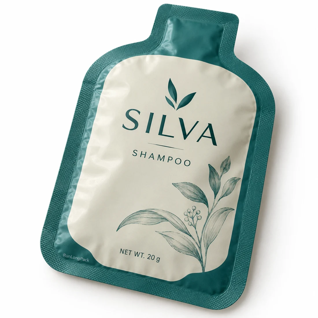 Teal bottle-outline shampoo sachet with a flat body and perimeter seals