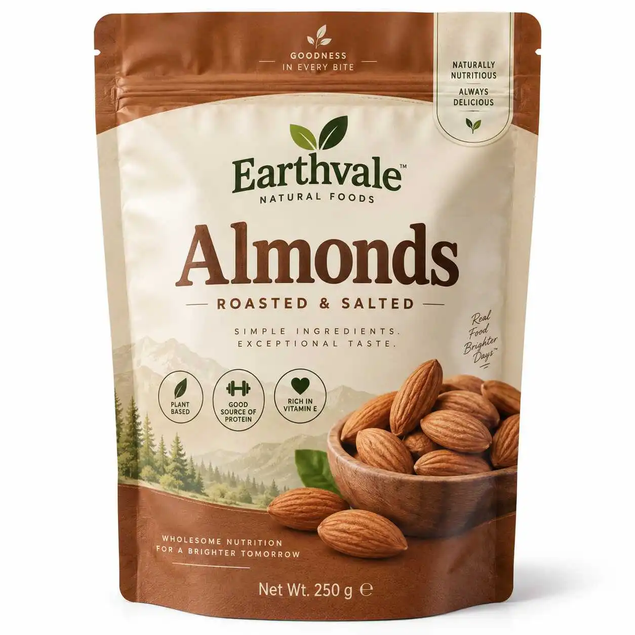 Cream and brown resealable stand-up pouch concept with printed almonds artwork