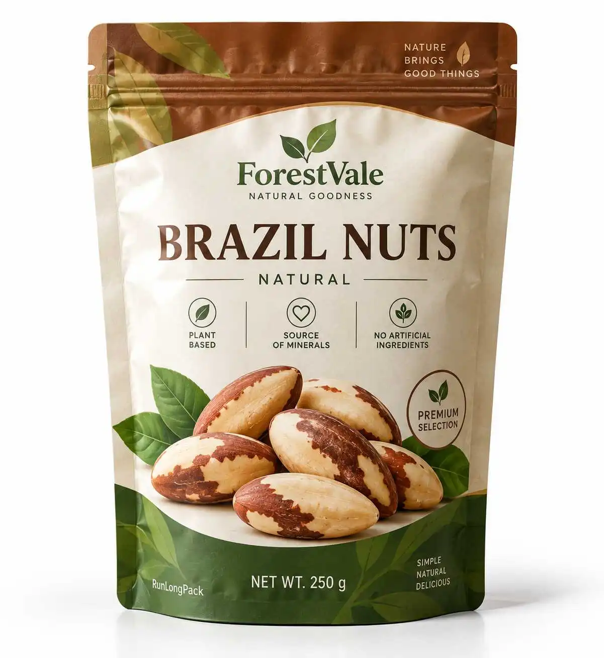 Brown and green resealable stand-up pouch concept with printed brazil nuts artwork