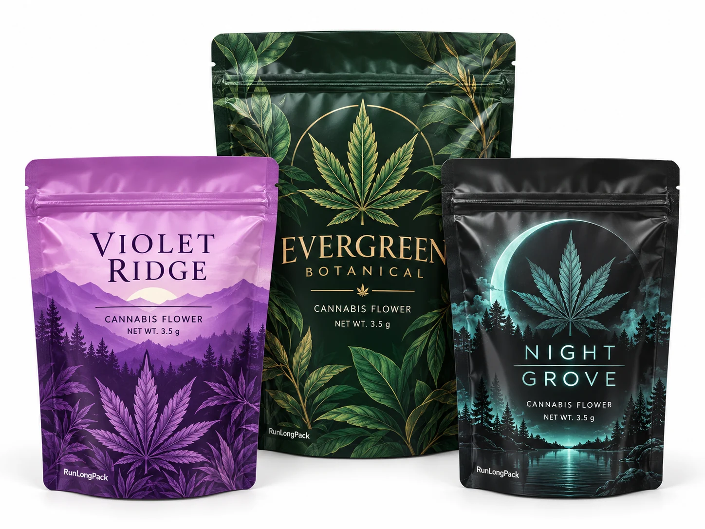 Three printed cannabis flower zipper pouch concepts in purple, forest green and black teal