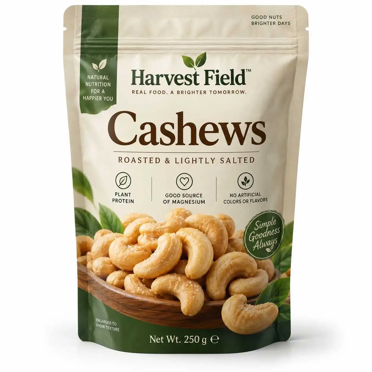 Cream and green resealable stand-up pouch concept with printed cashews artwork