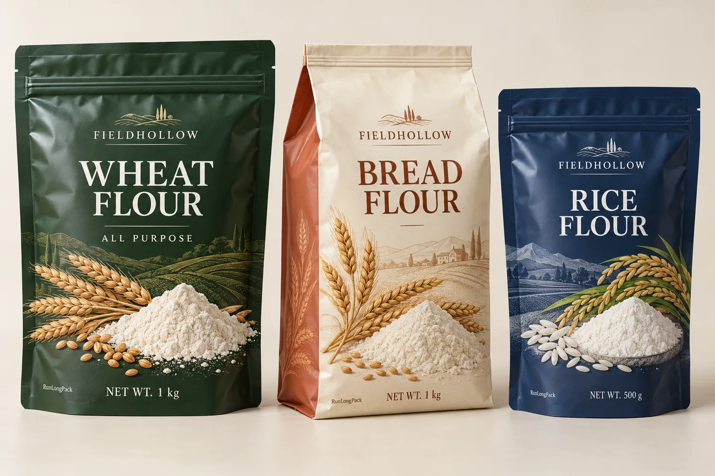 Printed wheat flour and rice flour zipper pouch concepts beside a side-gusset bread flour bag