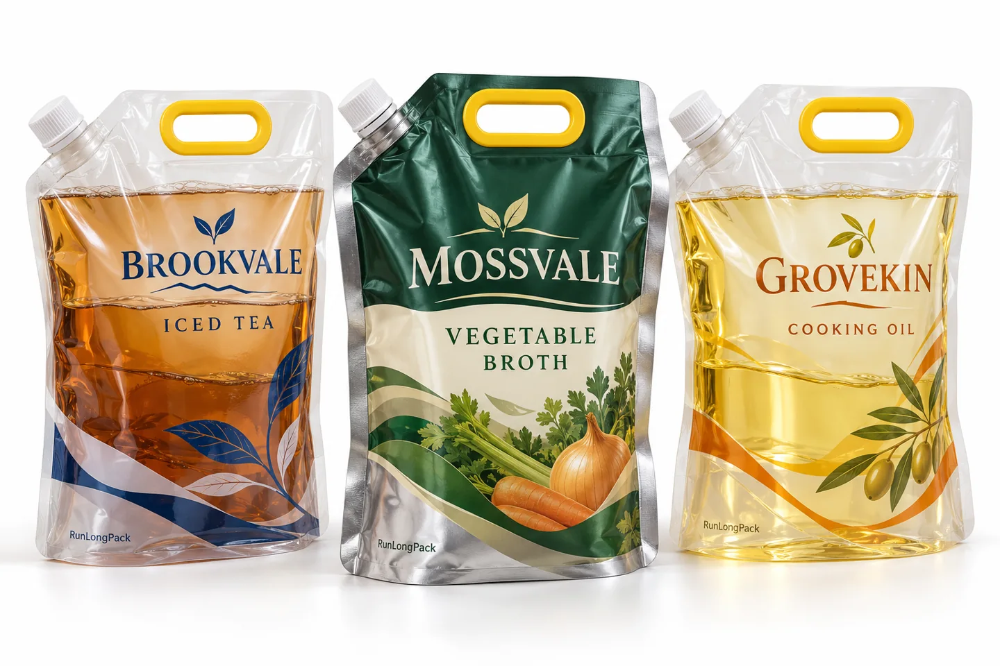 Three printed spout pouch concepts with yellow reinforced handles showing clear tea and oil packs beside an opaque broth pack