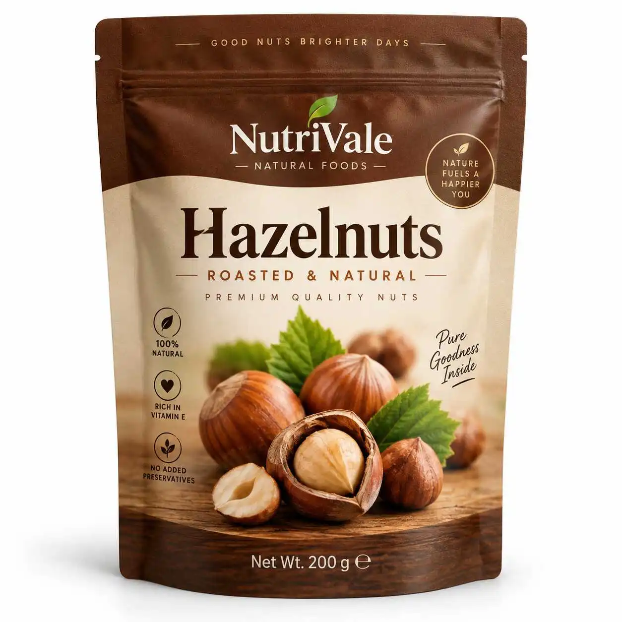 Warm brown and cream resealable stand-up pouch concept with printed hazelnuts artwork