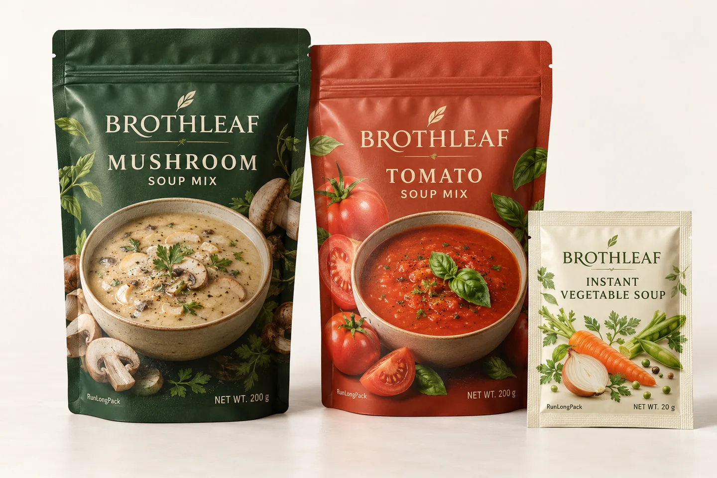 Printed mushroom and tomato soup mix zipper pouches beside an instant vegetable soup single-serve sachet