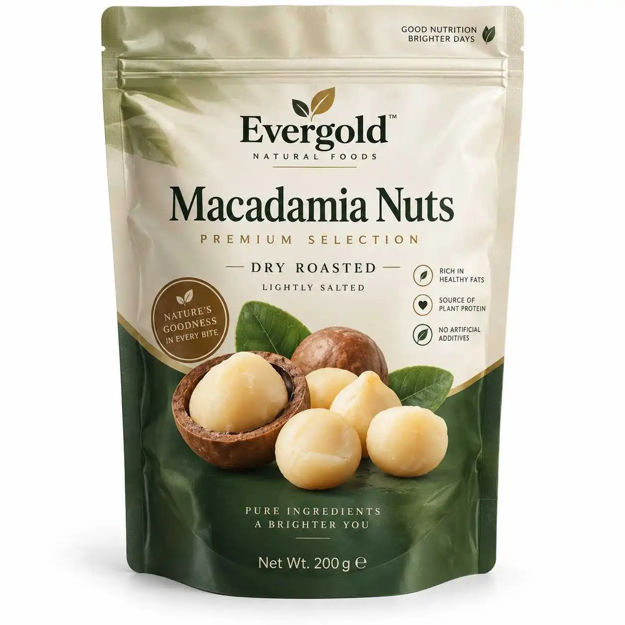 Cream and olive green resealable stand-up pouch concept with printed macadamia nuts artwork