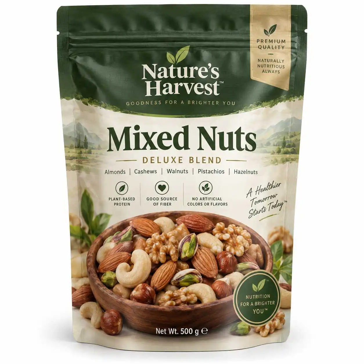 Forest green and cream resealable stand-up pouch concept with printed mixed nuts artwork