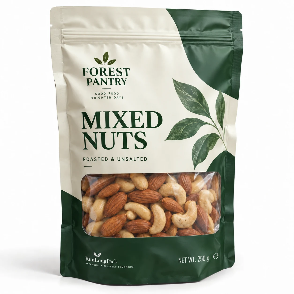 Ivory and green printed stand-up zipper pouch with a clear window showing mixed nuts