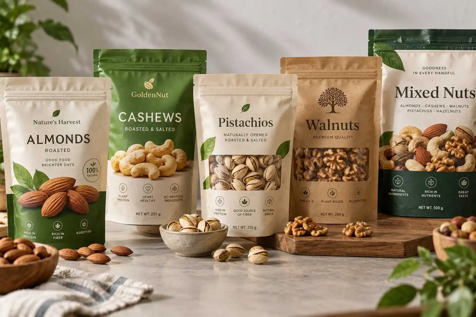 Custom nut packaging design concepts with almond, cashew, pistachio, walnut and mixed nut pouches