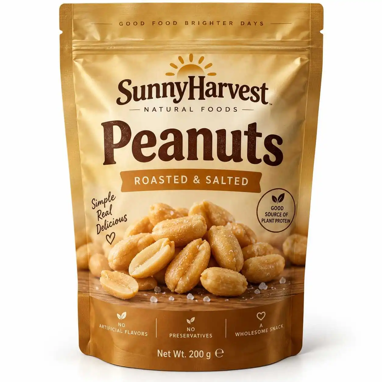 Muted gold resealable stand-up pouch concept with printed peanuts artwork