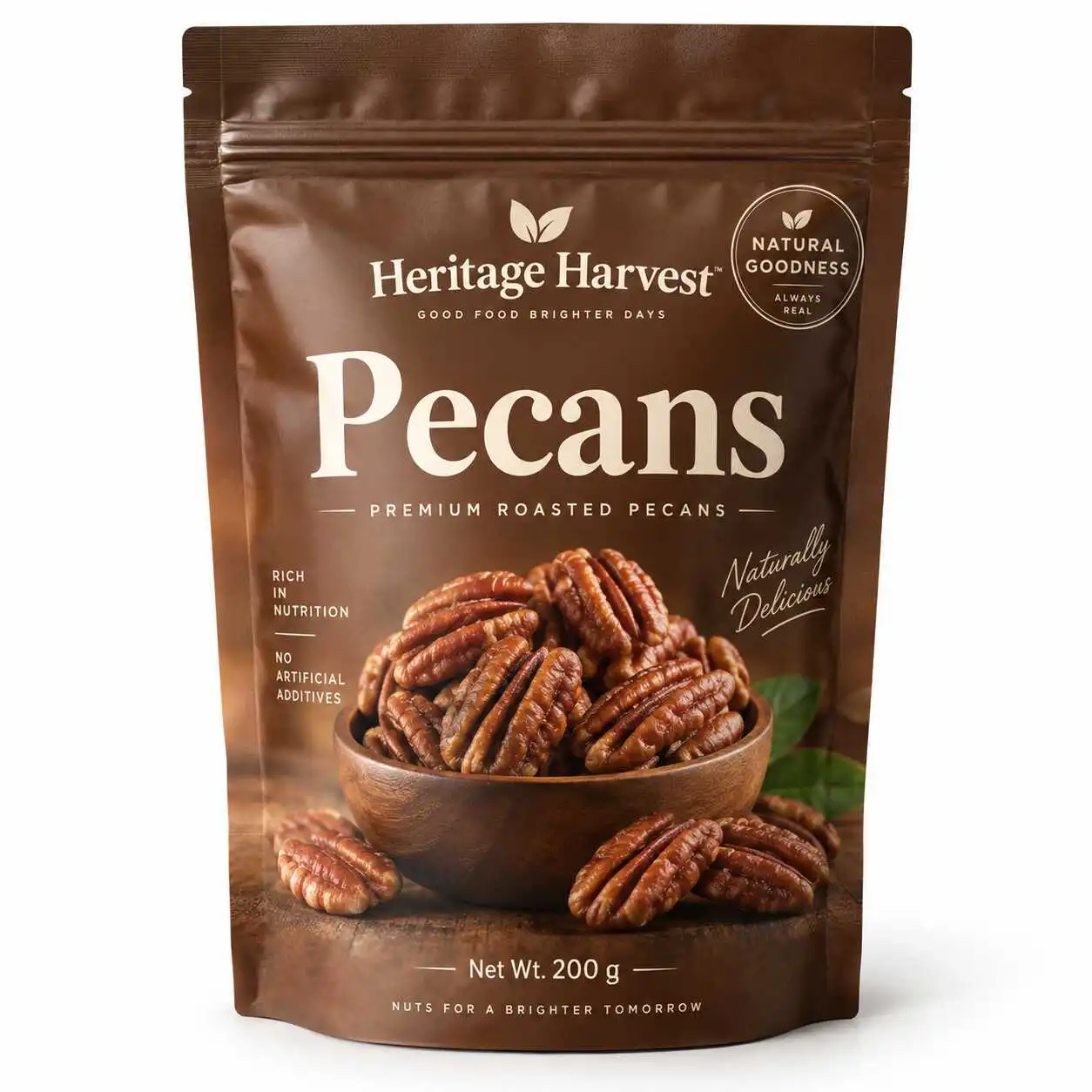 Warm brown resealable stand-up pouch concept with printed pecans artwork