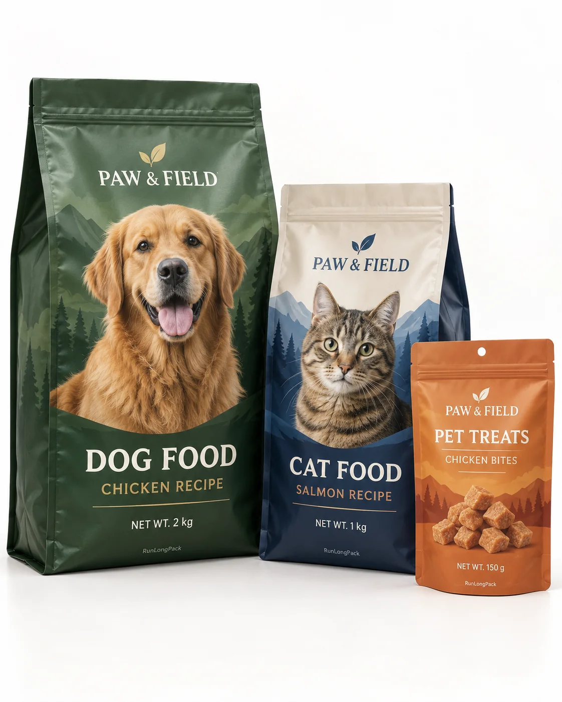 Green dog food bag, cream and navy cat food bag and orange pet treat pouch with printed English product names