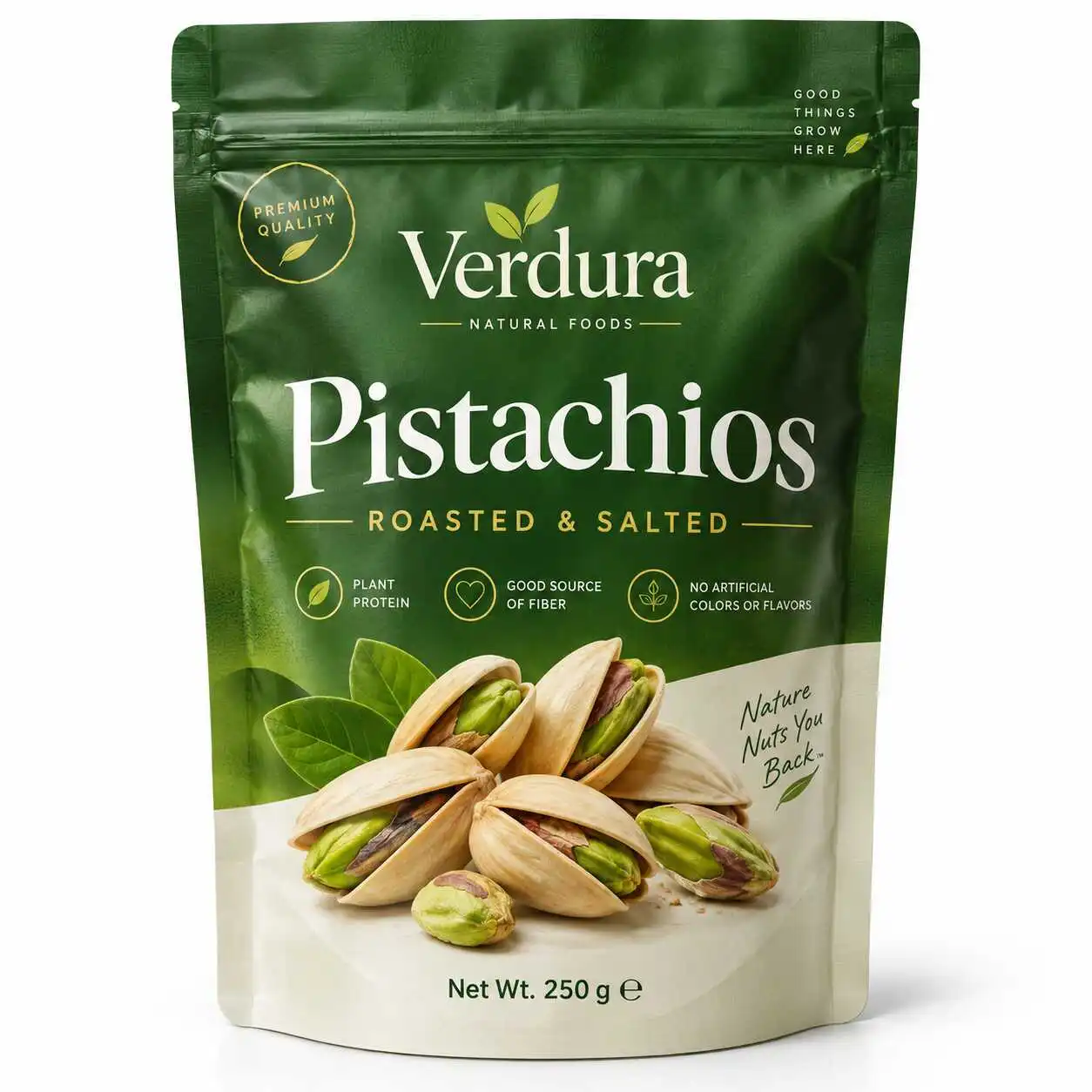 Forest green resealable stand-up pouch concept with printed pistachios artwork