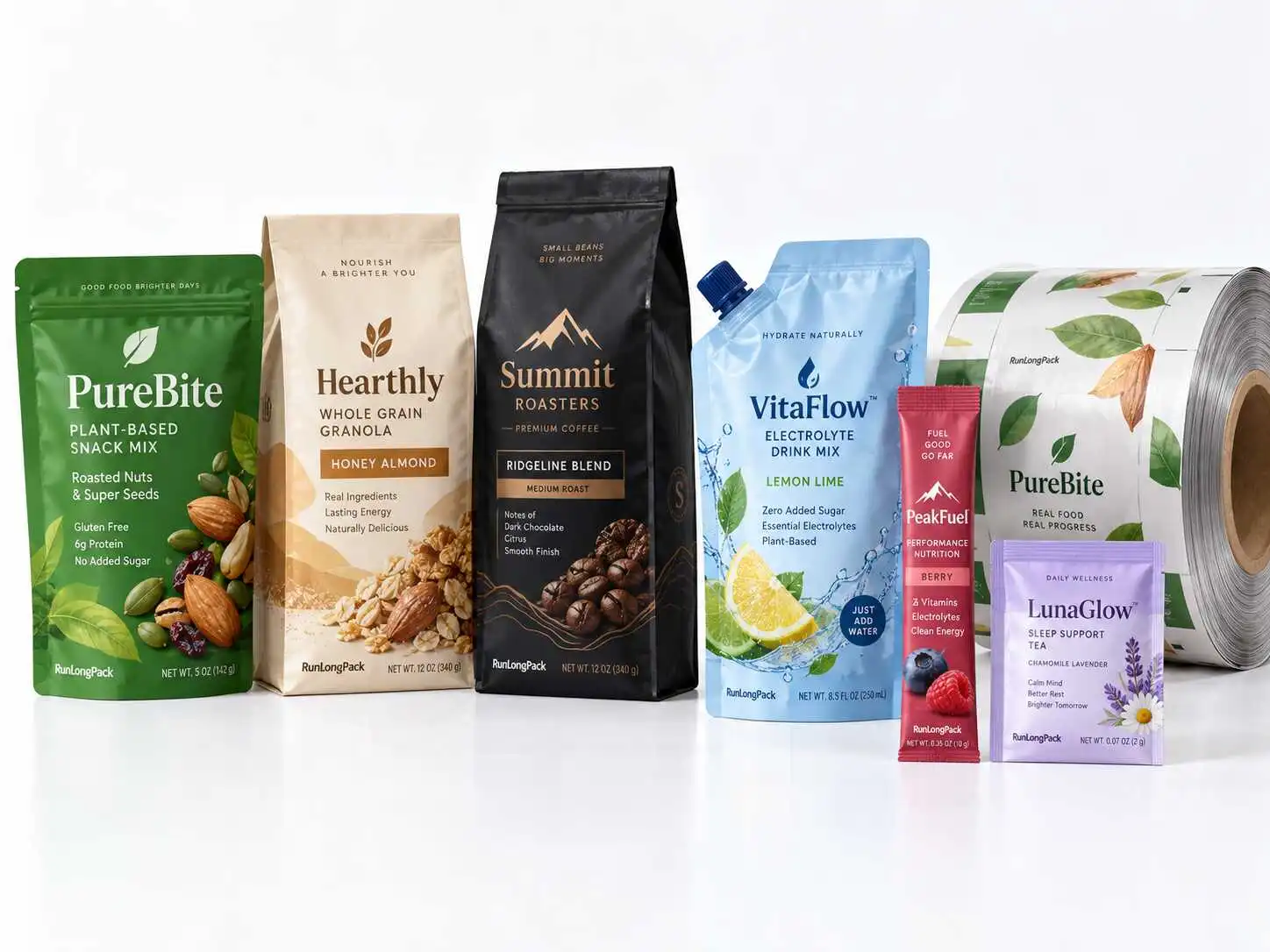 Green stand-up pouch, gusseted coffee bags, blue spout pouch, stick pack, sachet and printed film roll concepts