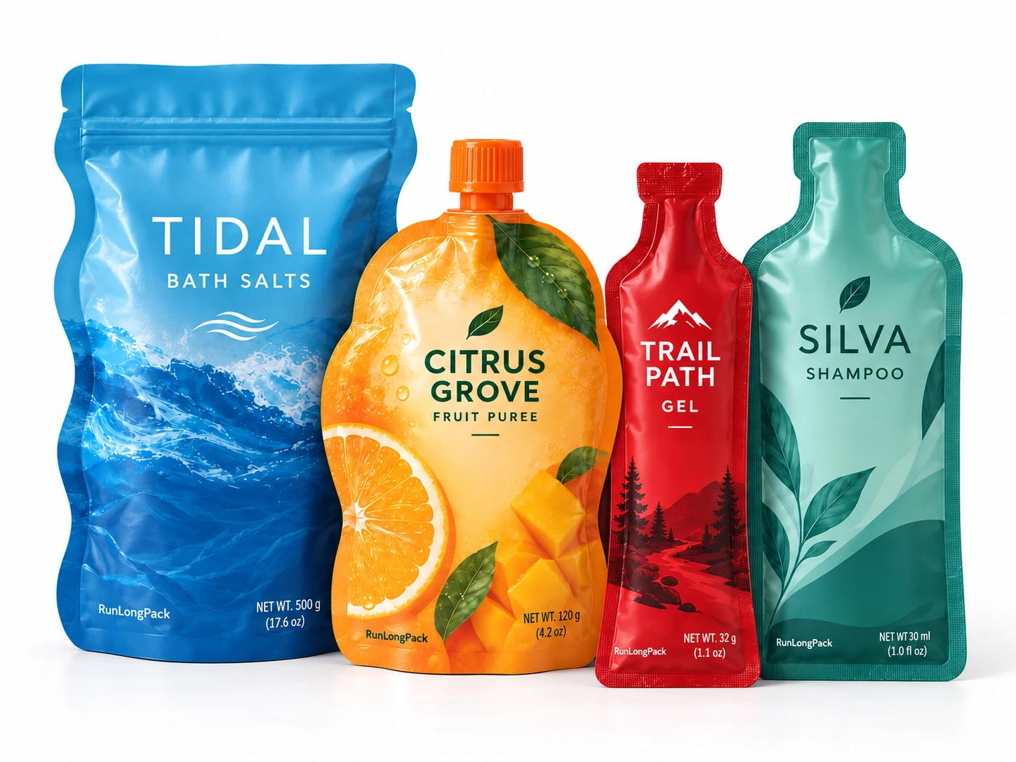 Four custom shaped pouch design concepts with different contours and opening styles