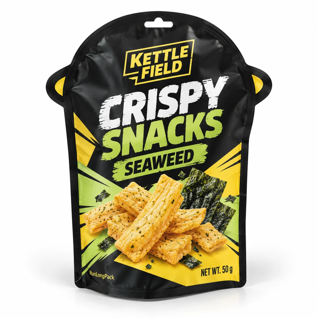 Black rounded-top shaped stand-up snack pouch with side contour tabs and a hanging hole