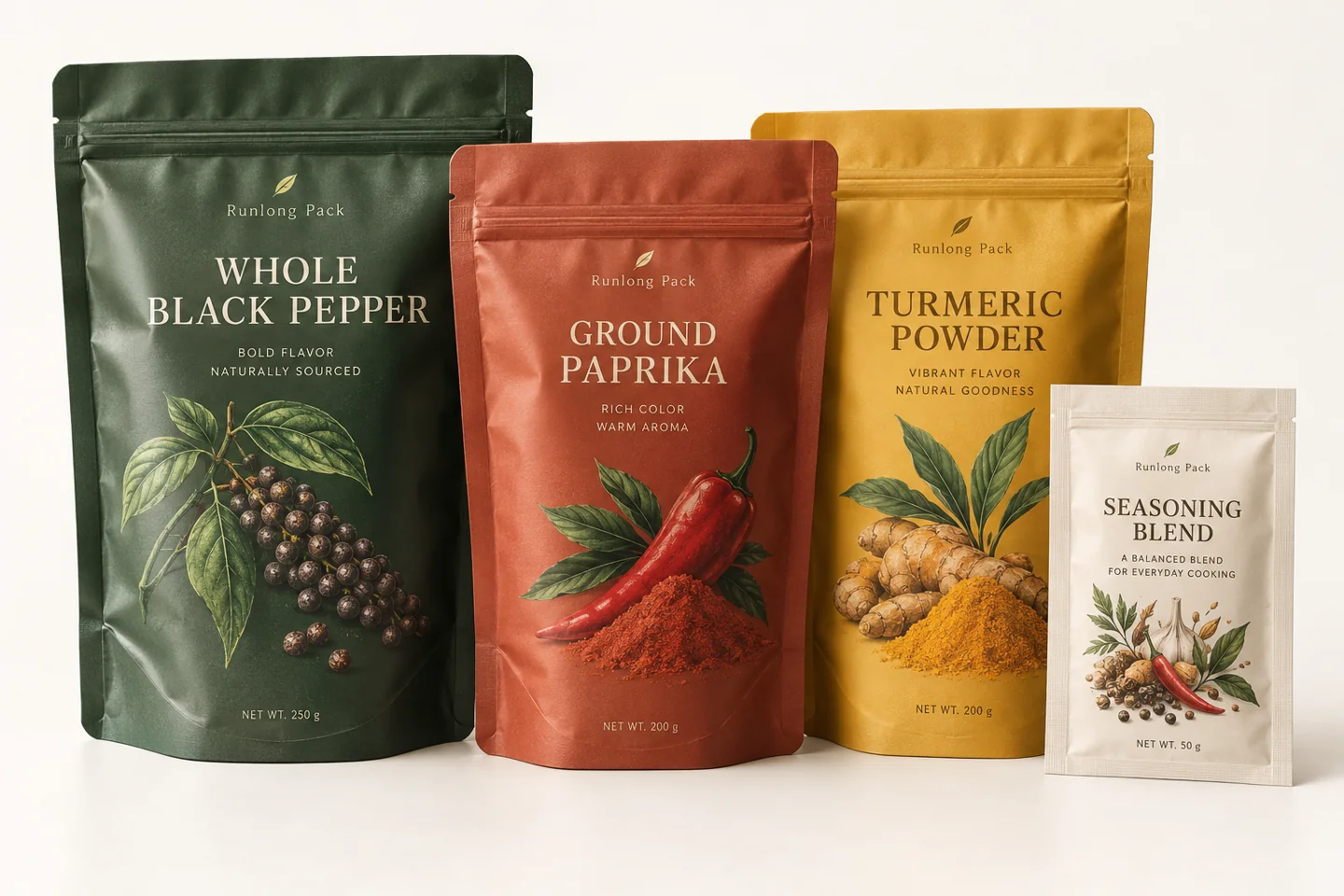 Printed whole black pepper, ground paprika, turmeric powder and seasoning blend pouch concepts