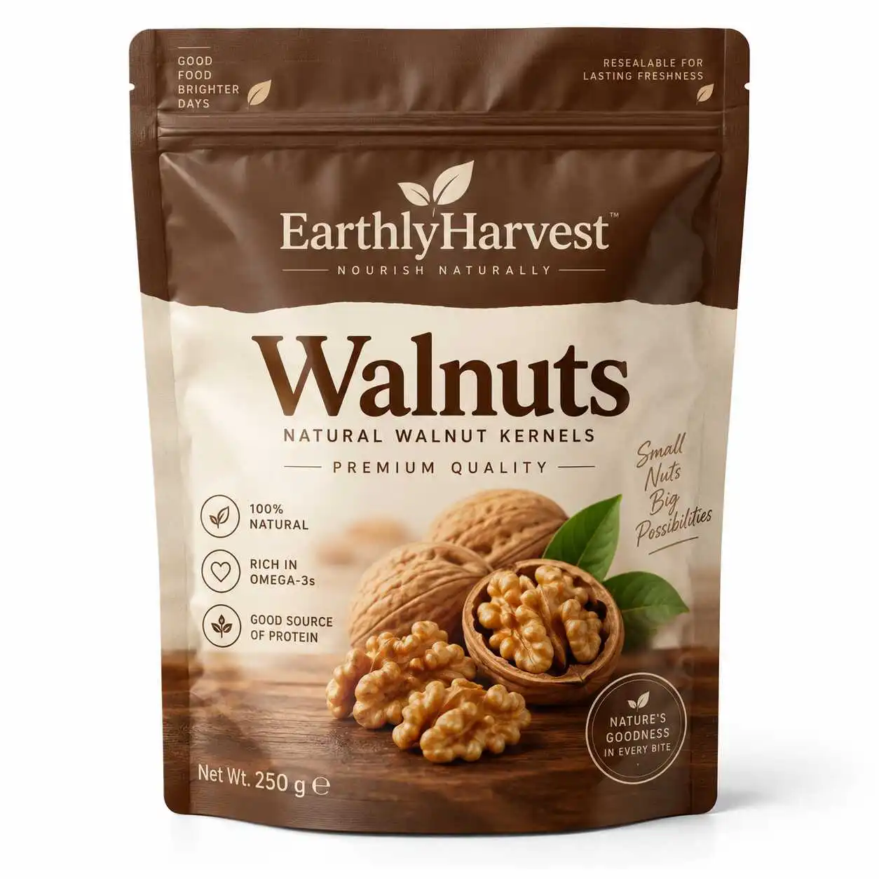 Brown and cream resealable stand-up pouch concept with printed walnuts artwork