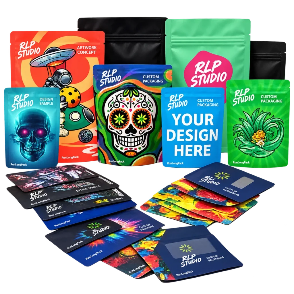 Assortment of colorful printed pouch concepts illustrating different Mylar bag design directions
