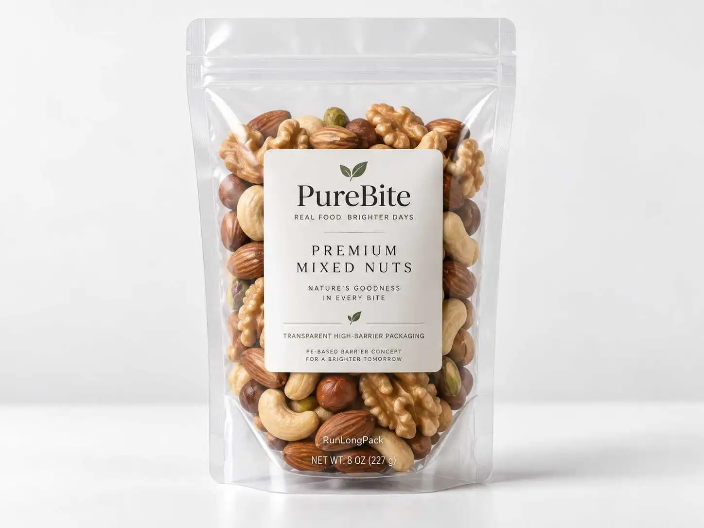 Transparent mixed-nut pouch concept illustrating an EVOH PE packaging discussion