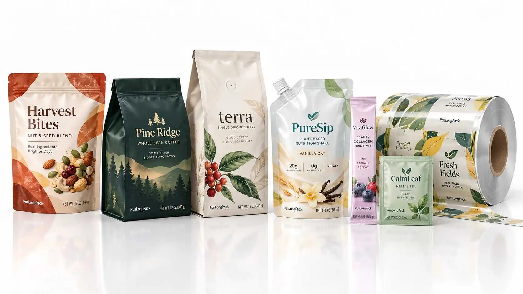 Illustrative stand-up pouch, coffee bags, spout pouch, stick pack, sachet and printed rollstock on a white background