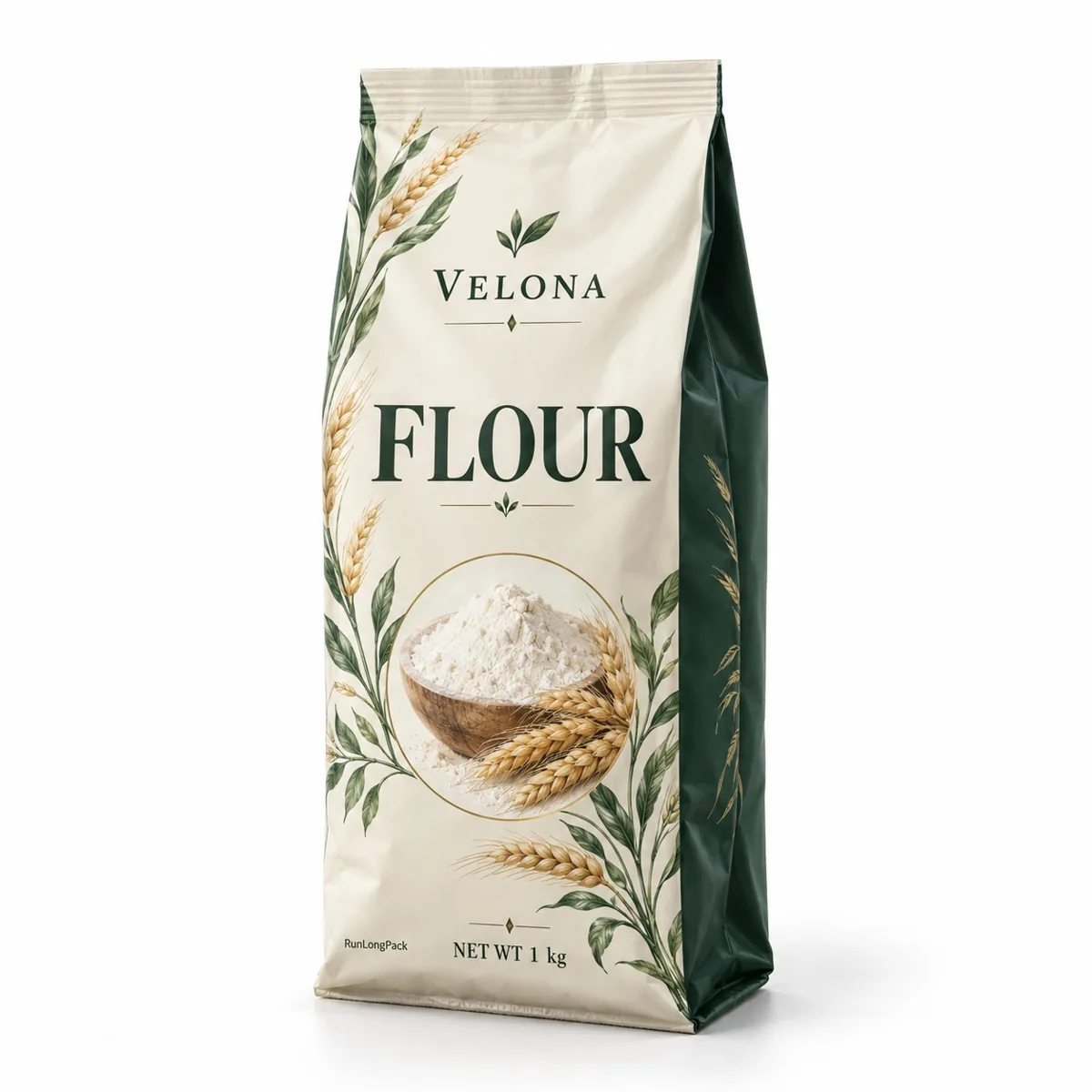 Cream and green VELONA flour flexible bag with a visible expanded side gusset