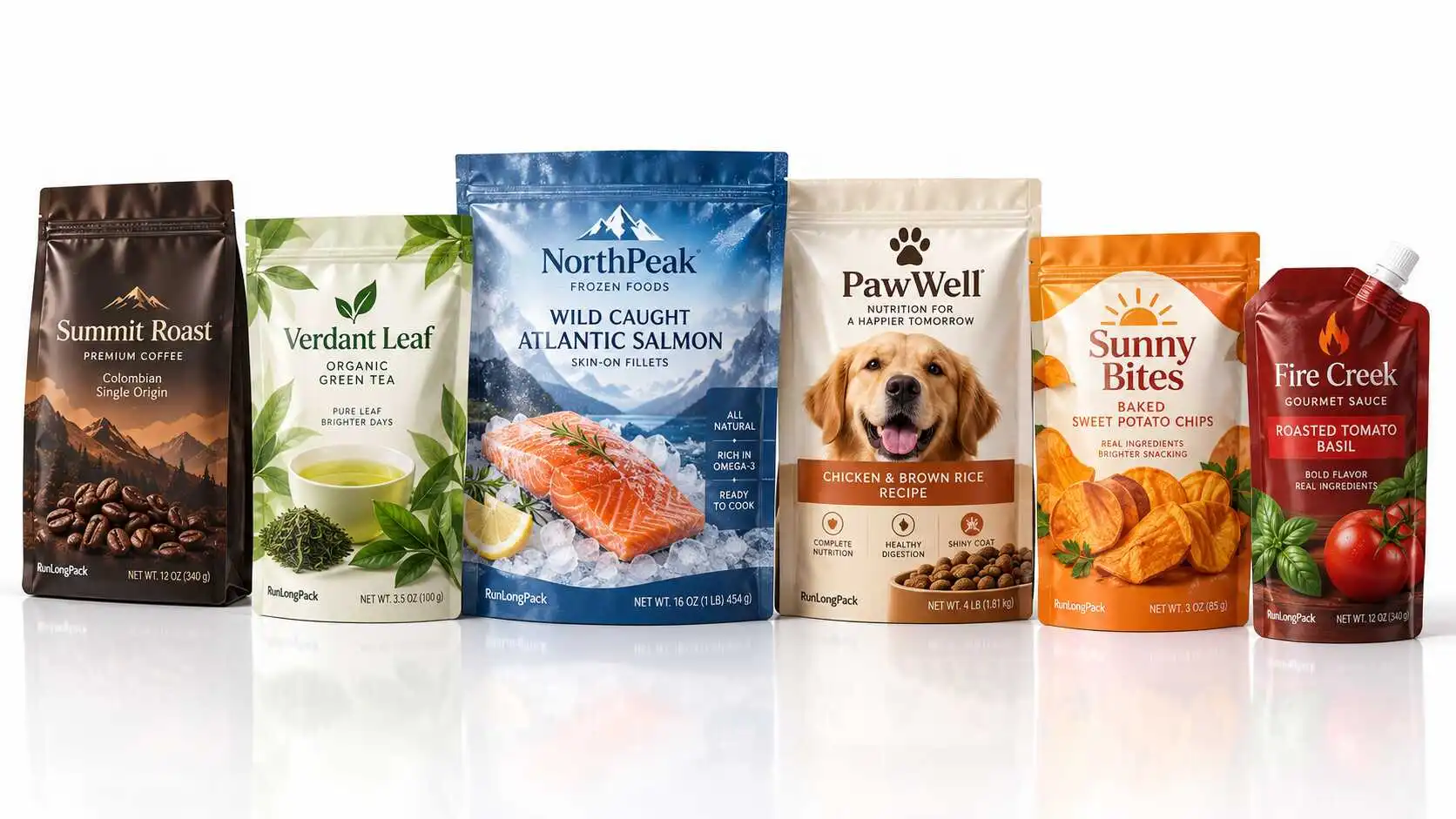 Illustrative coffee, tea, frozen fish, pet food, snack and sauce pouch designs in different colors