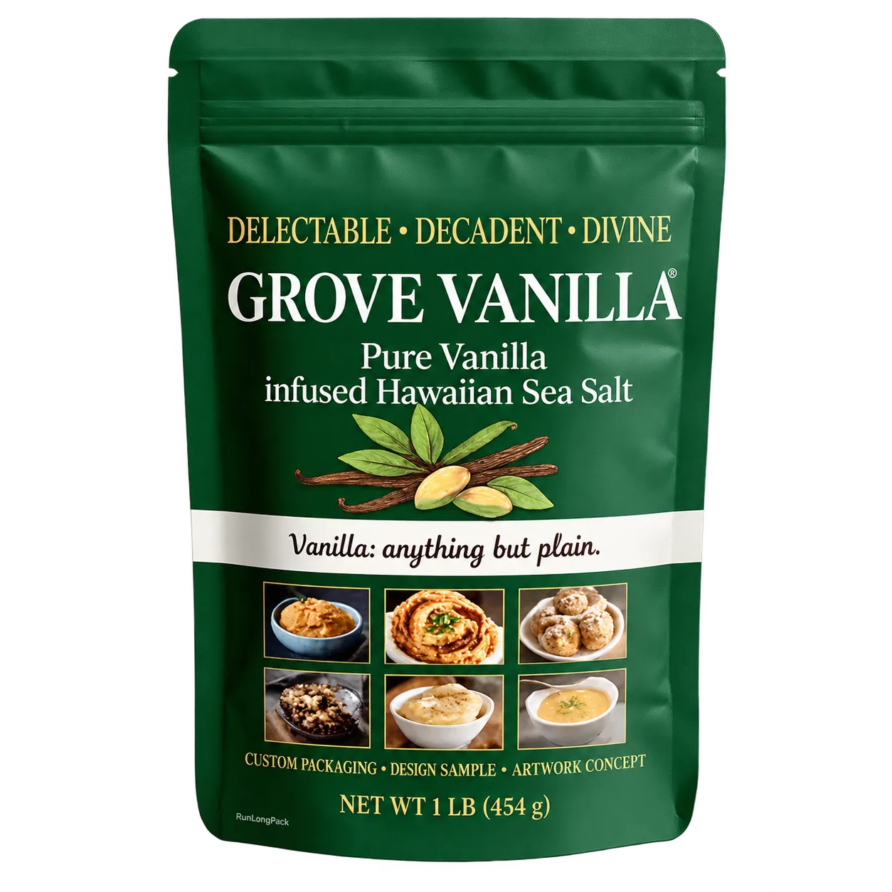 Deep-green pouch concept with vanilla botanical illustration and serif lettering