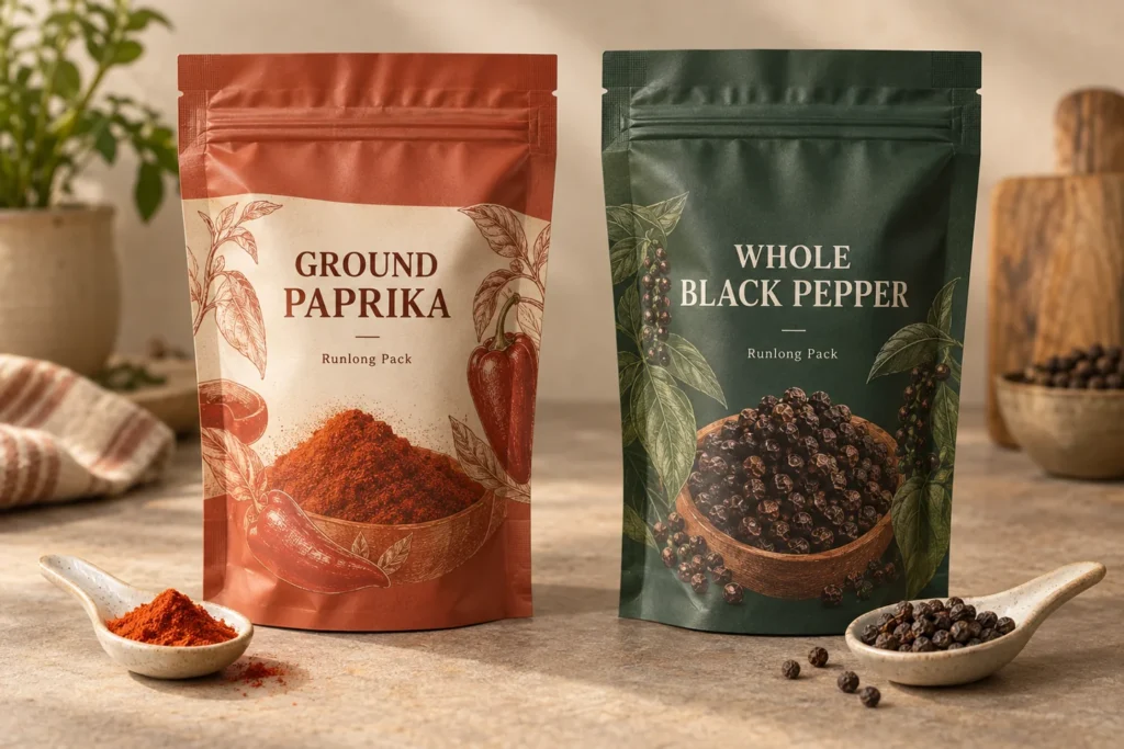Ground paprika and whole black pepper pouch concepts with small spice samples in spoons