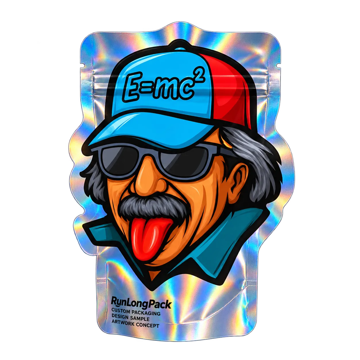 Custom-shaped holographic-look pouch concept with an illustrated scientist portrait