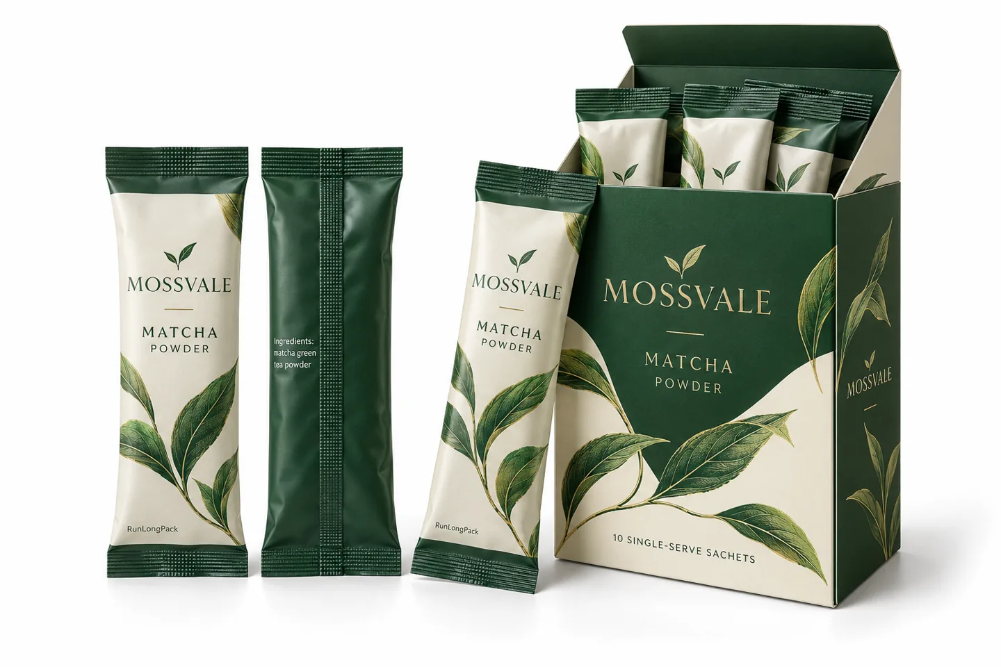 MOSSVALE matcha sachet fronts and rear fin seal beside a matching green and ivory folding paper box