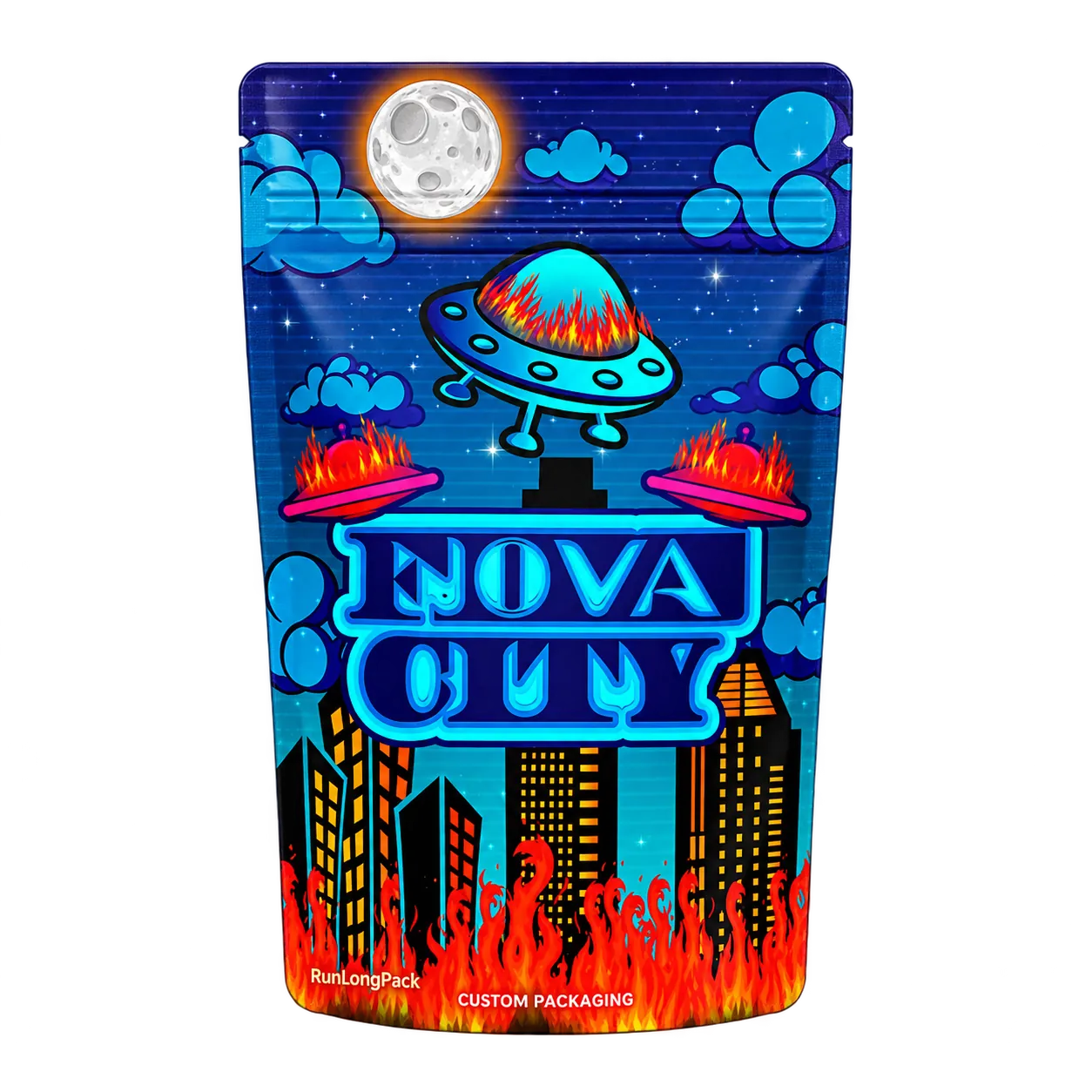 Blue neon city and spacecraft illustration printed on a pouch concept
