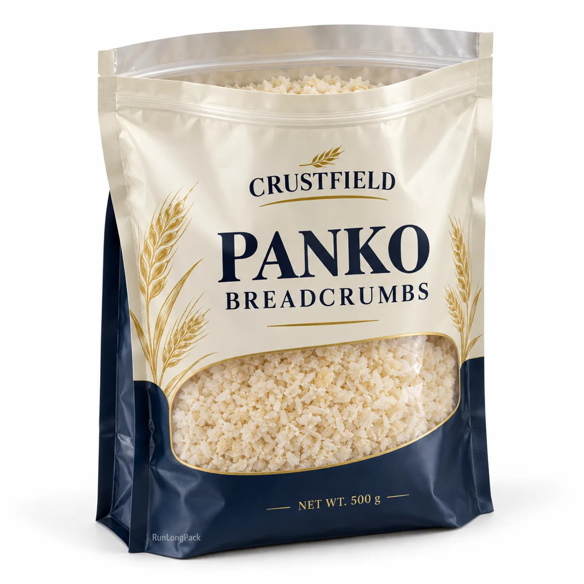 Cream and navy CRUSTFIELD panko pouch with an open zipper, visible coarse flakes and a transparent window