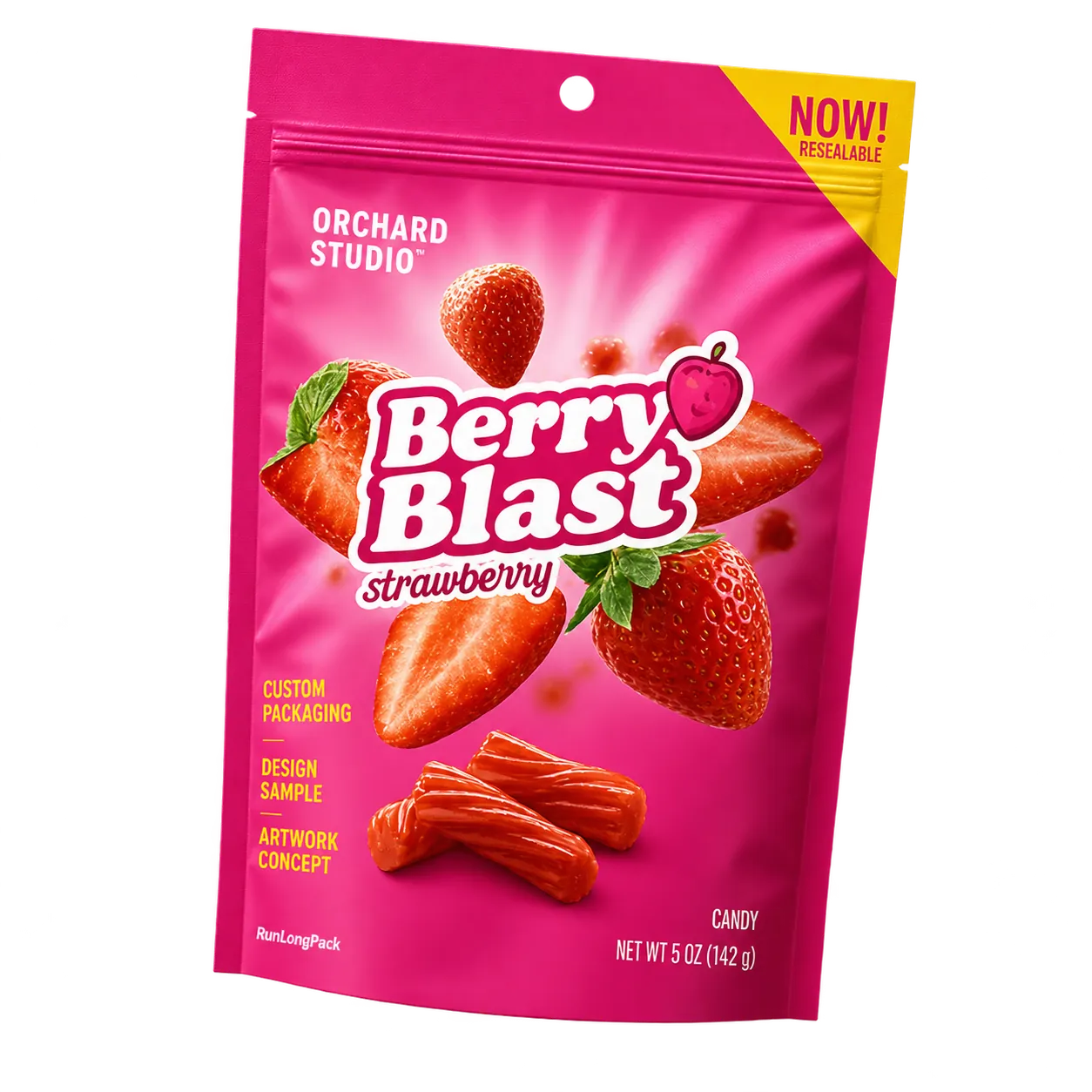 Pink strawberry candy pouch concept with fruit imagery and bold product text
