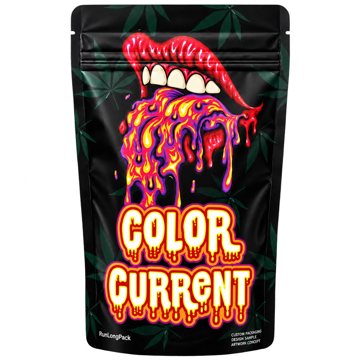 Black pouch concept with colorful pop-art mouth illustration and large outlined lettering
