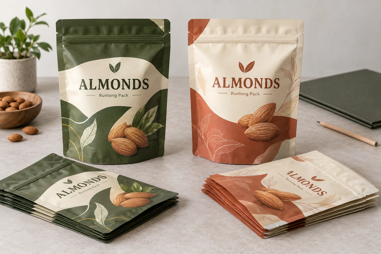 Two almond pouch artwork versions in olive and terracotta with matching flat pouch stock