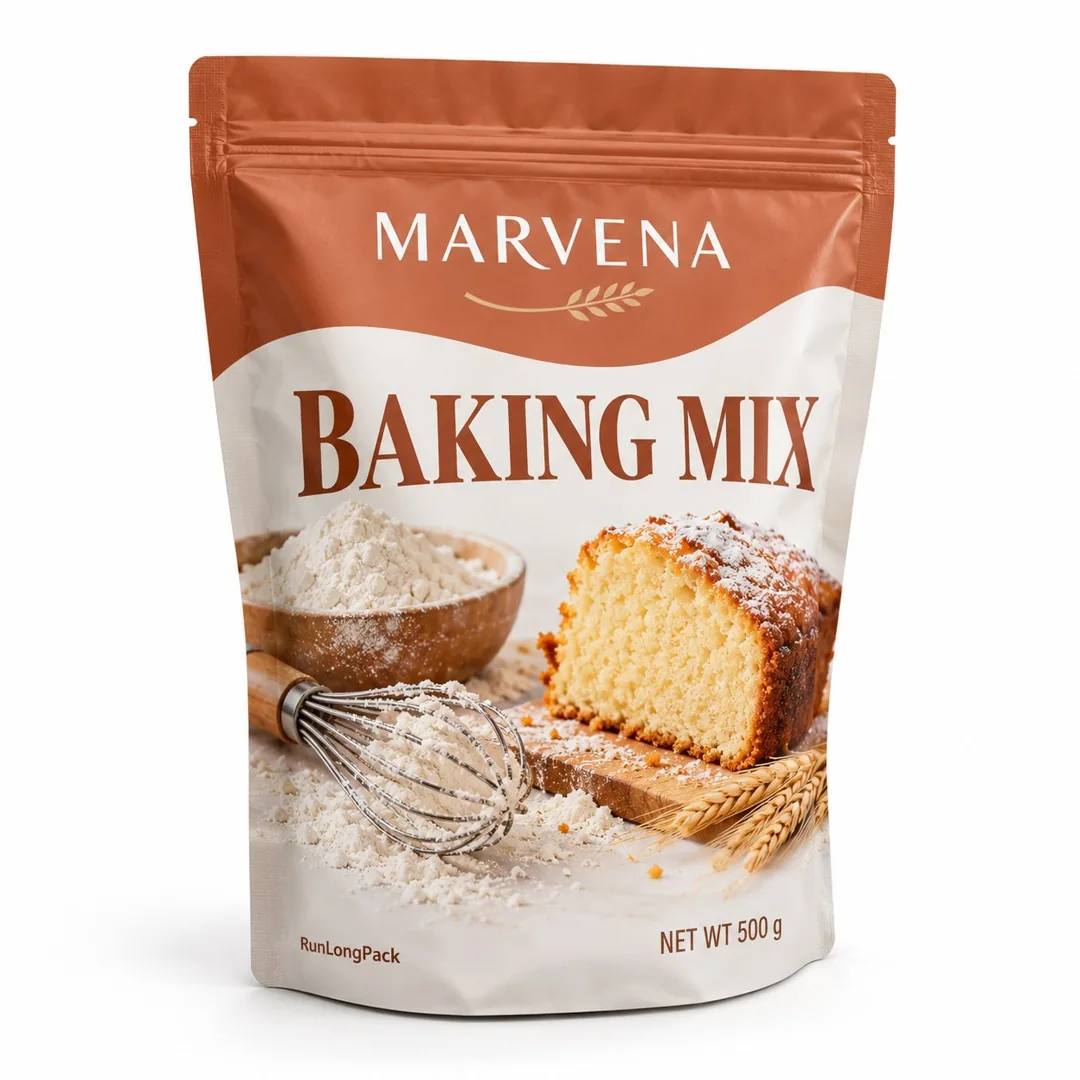 Terracotta and cream Marvena baking mix zipper pouch with cake, flour and whisk artwork printed on the front