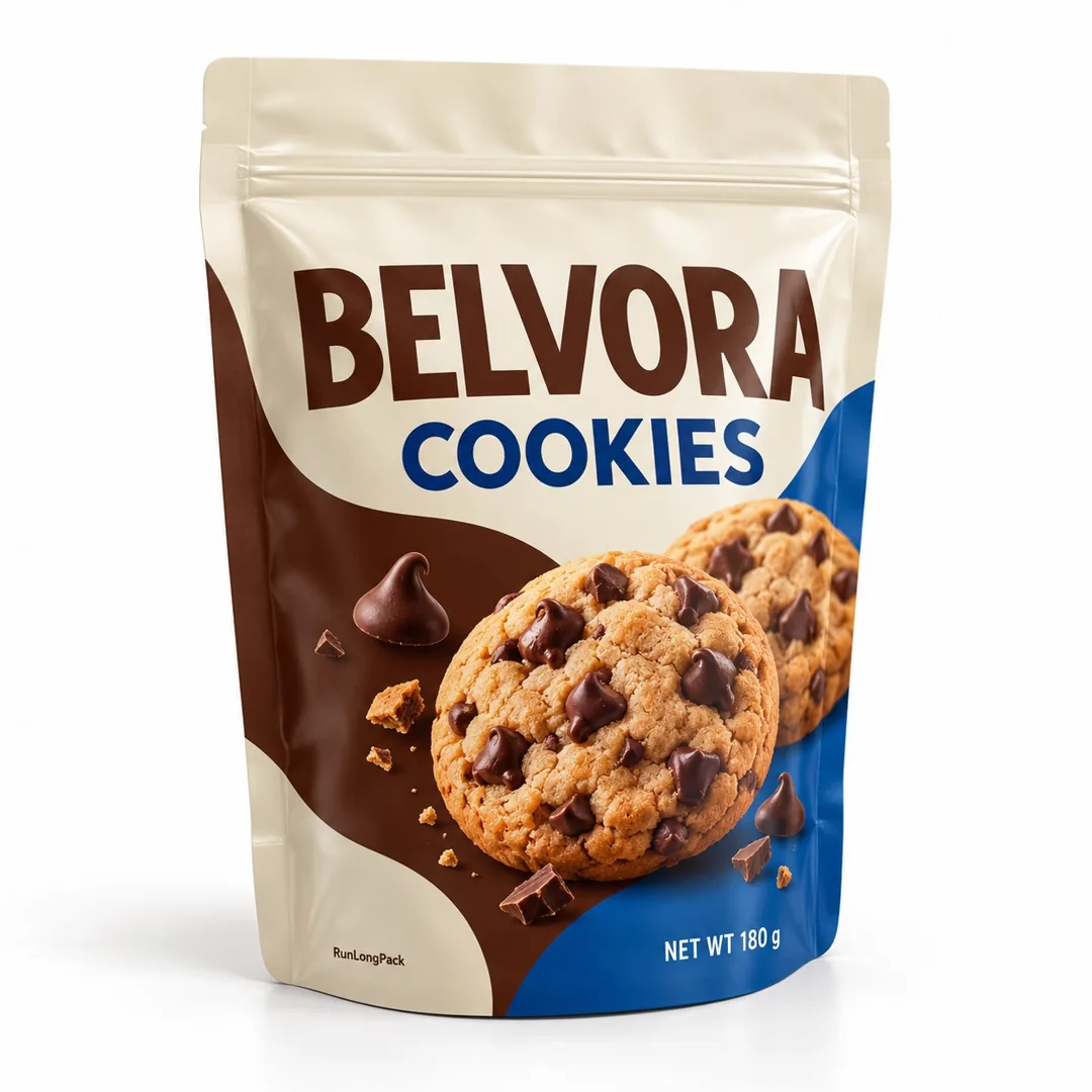 Cream, brown and blue stand-up pouch with a resealable zipper, BELVORA COOKIES text and chocolate chip cookie artwork