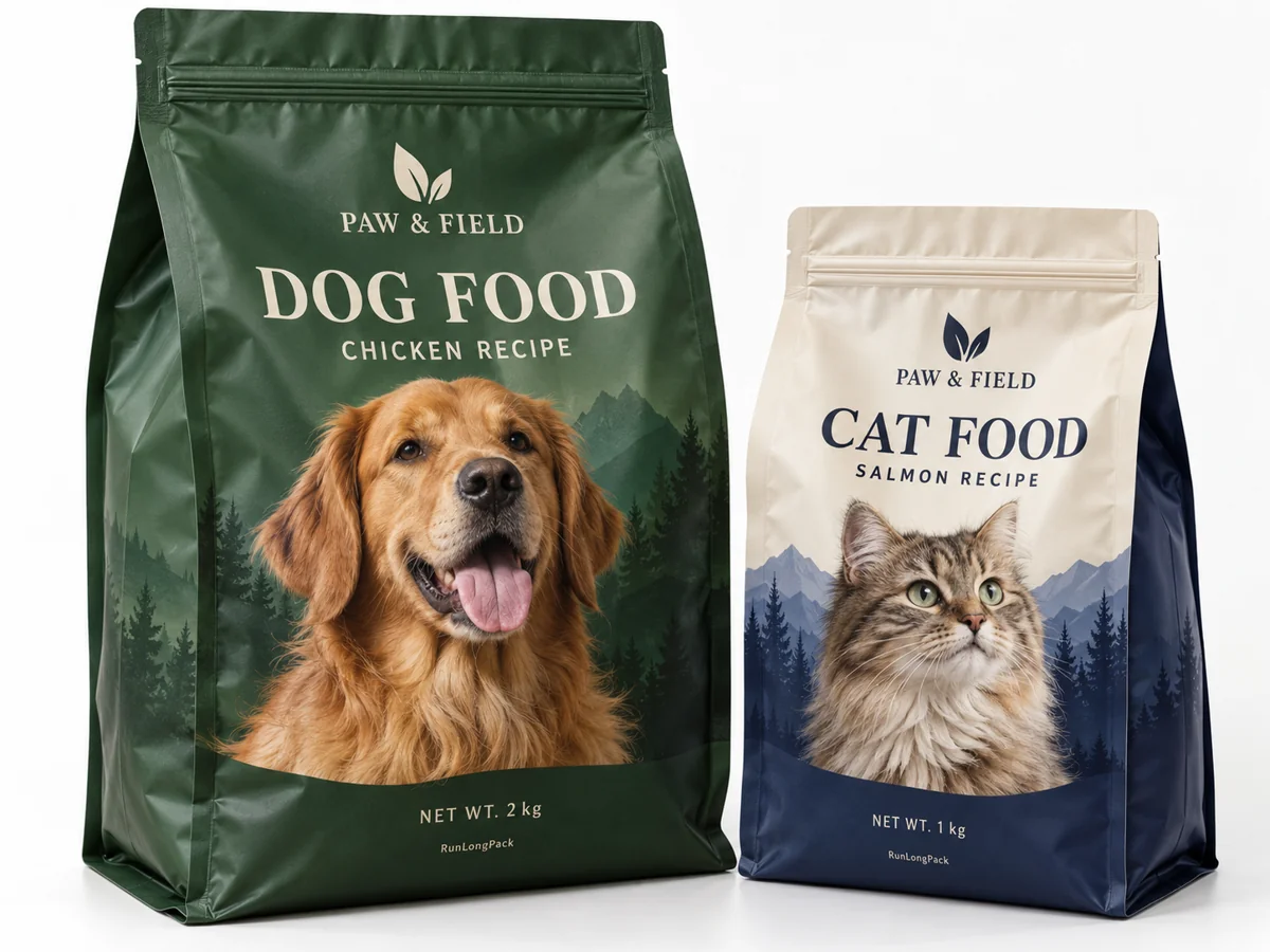 Forest green dog food bag and cream and navy cat food bag with printed animal portraits and English labels